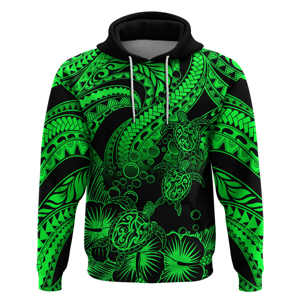 Custom Polynesian Hoodie Tribal Honu Turtle with Hibiscus Green Version LT14 Pullover Hoodie Green - Polynesian Pride