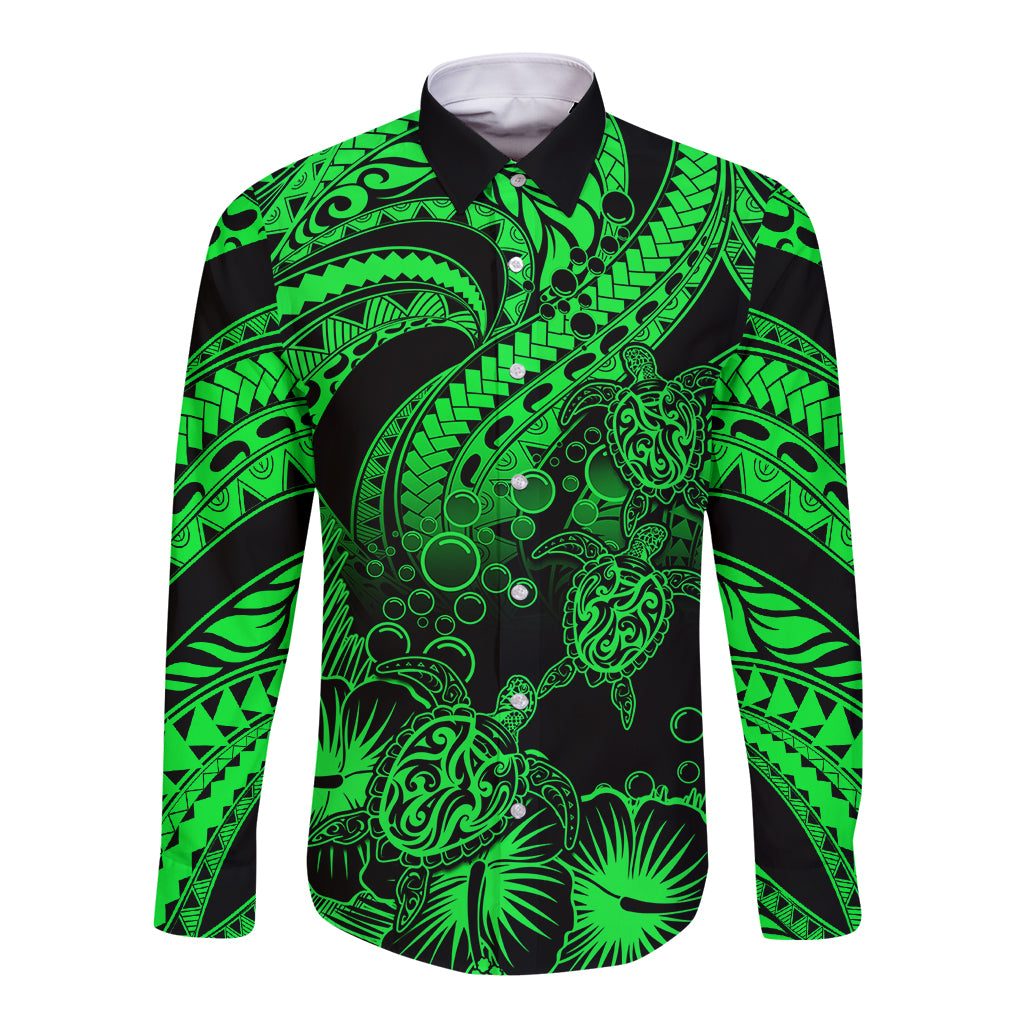 Personalised Polynesian Long Sleeve Button Shirt Tribal Honu Turtle with Hibiscus Green Version LT14 Unisex Green - Polynesian Pride