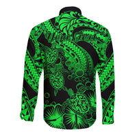 Personalised Polynesian Long Sleeve Button Shirt Tribal Honu Turtle with Hibiscus Green Version LT14 - Polynesian Pride