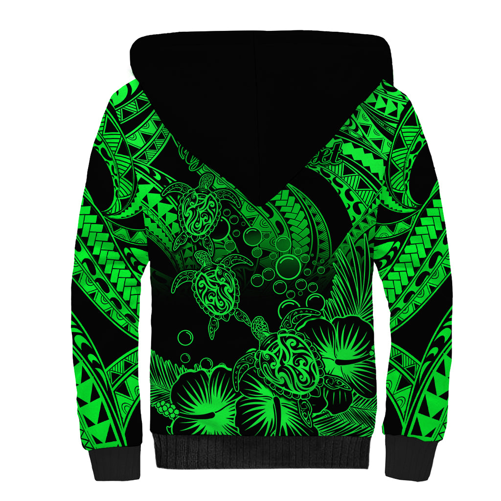 Personalised Polynesian Sherpa Hoodie Tribal Honu Turtle with Hibiscus Green Version LT14 - Polynesian Pride