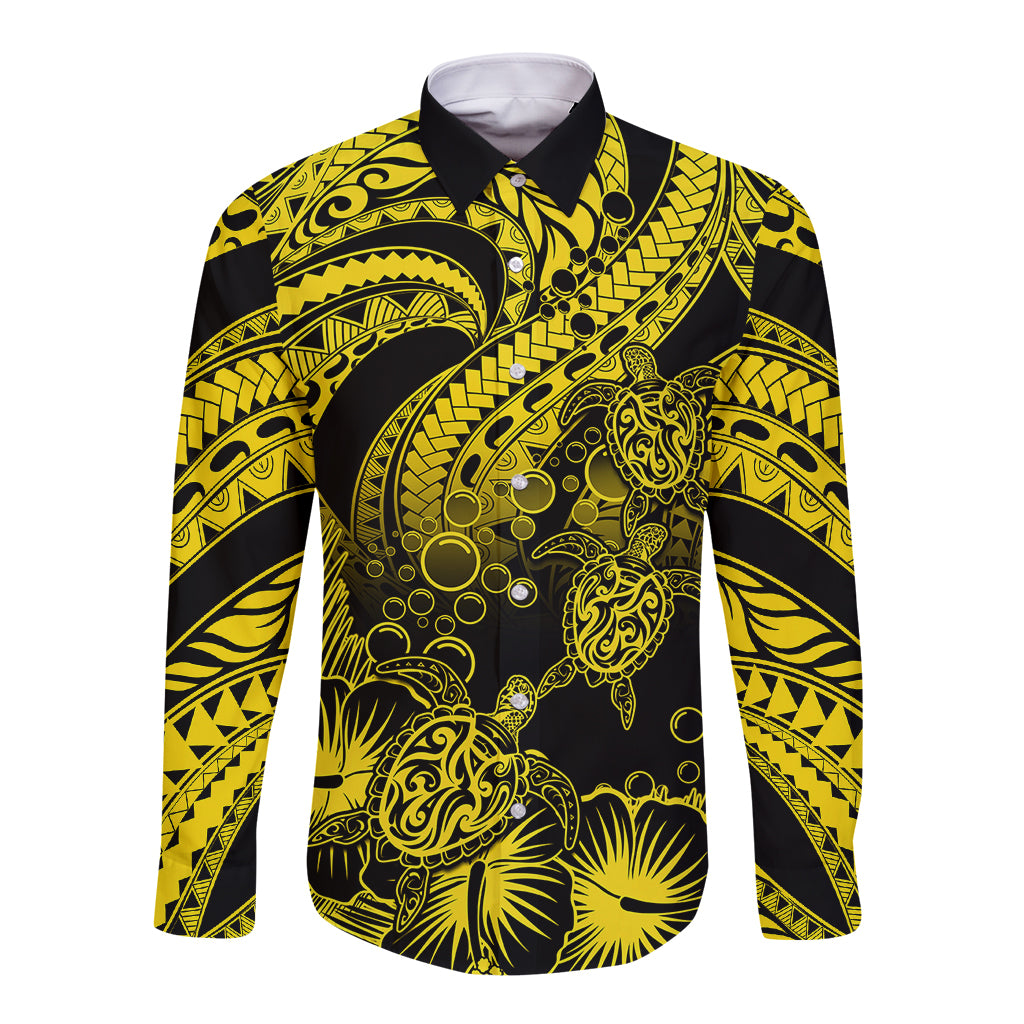 Personalised Polynesian Long Sleeve Button Shirt Tribal Honu Turtle with Hibiscus Gold Version LT14 Unisex Gold - Polynesian Pride