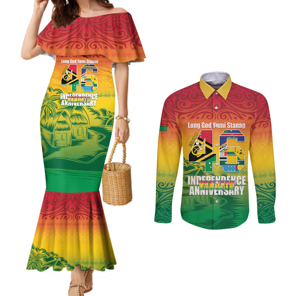 Vanuatu Indipendens Dei Couples Matching Mermaid Dress and Long Sleeve Button Shirt Yumi 46th Independence Anniversary LT14 Reggae - Polynesian Pride