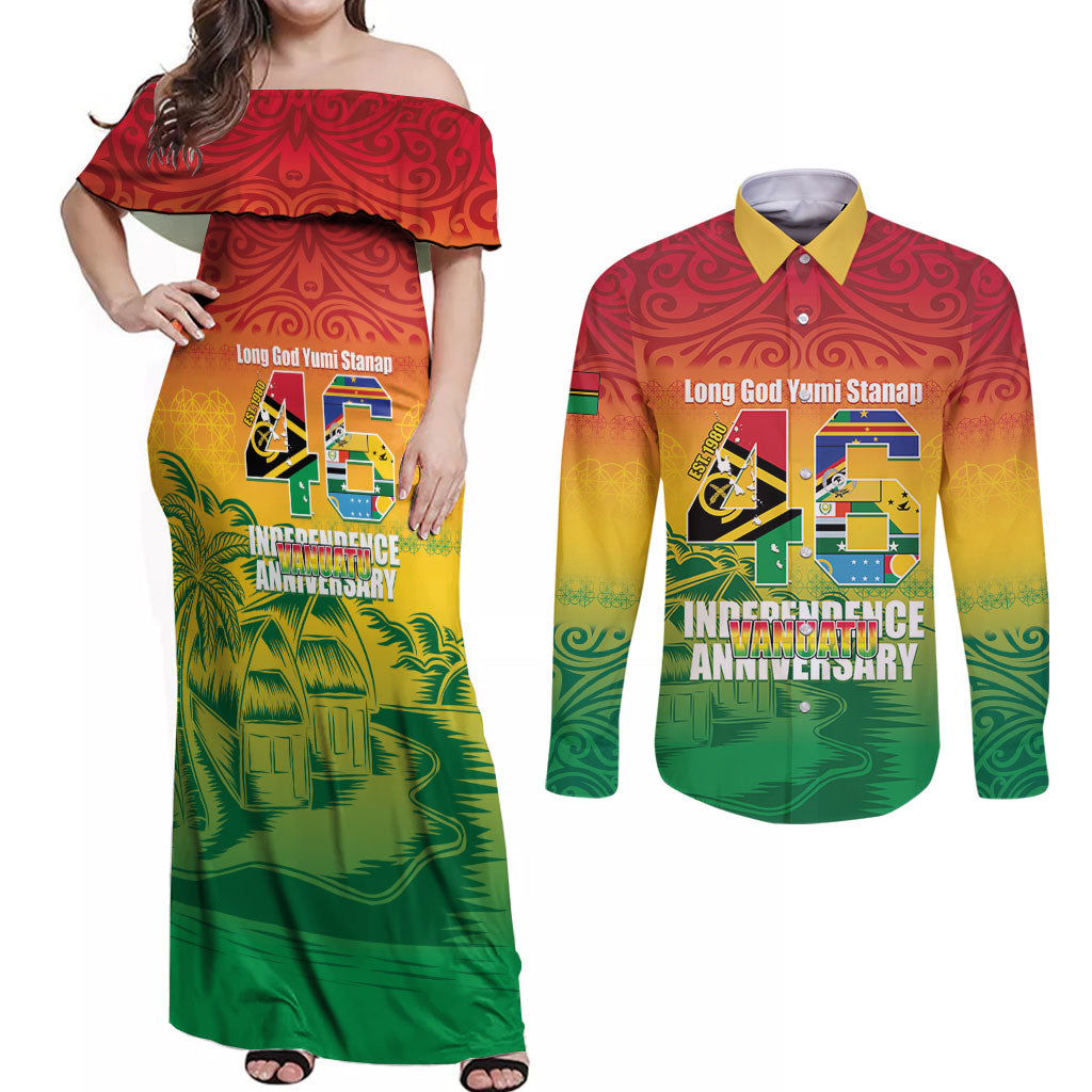 Vanuatu Indipendens Dei Couples Matching Off Shoulder Maxi Dress and Long Sleeve Button Shirt Yumi 46th Independence Anniversary