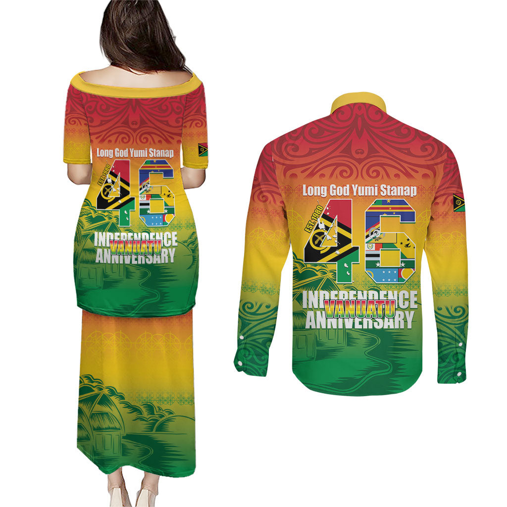 Vanuatu Indipendens Dei Couples Matching Puletasi and Long Sleeve Button Shirt Yumi 46th Independence Anniversary
