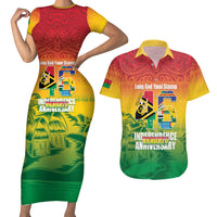 Vanuatu Indipendens Dei Couples Matching Short Sleeve Bodycon Dress and Hawaiian Shirt Yumi 46th Independence Anniversary LT14 Reggae - Polynesian Pride