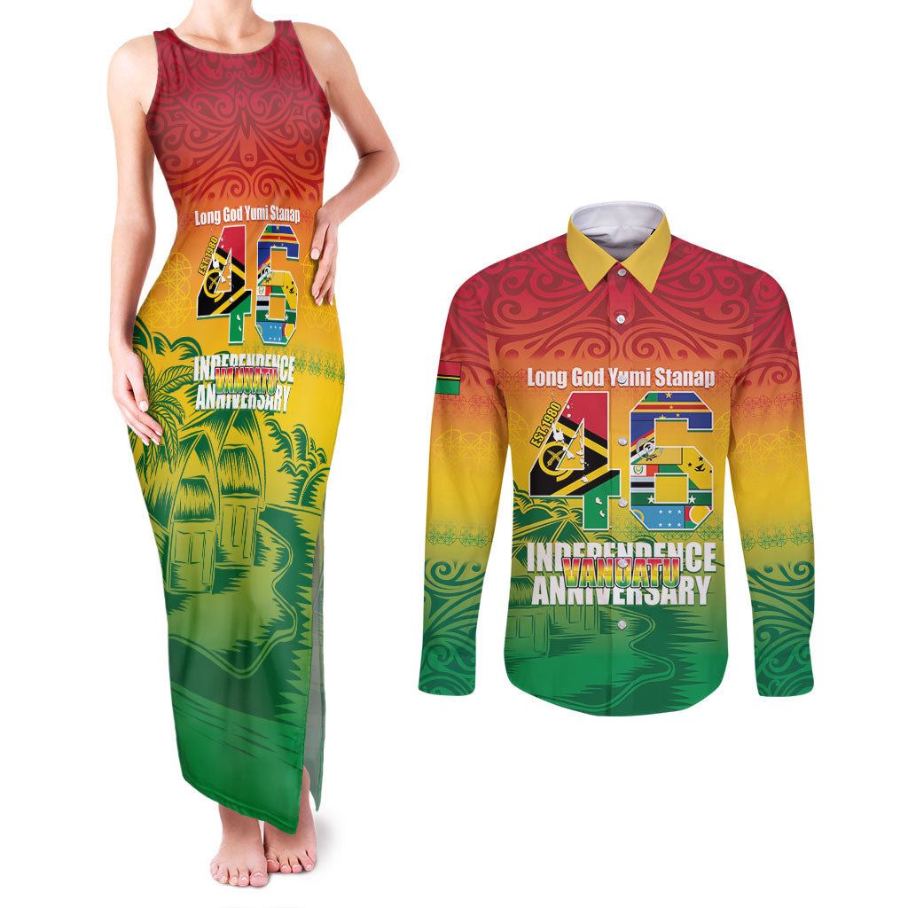 Vanuatu Indipendens Dei Couples Matching Tank Maxi Dress and Long Sleeve Button Shirt Yumi 46th Independence Anniversary LT14 Reggae - Polynesian Pride
