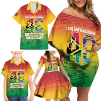 Vanuatu Indipendens Dei Family Matching Off Shoulder Short Dress and Hawaiian Shirt Yumi 46th Independence Anniversary