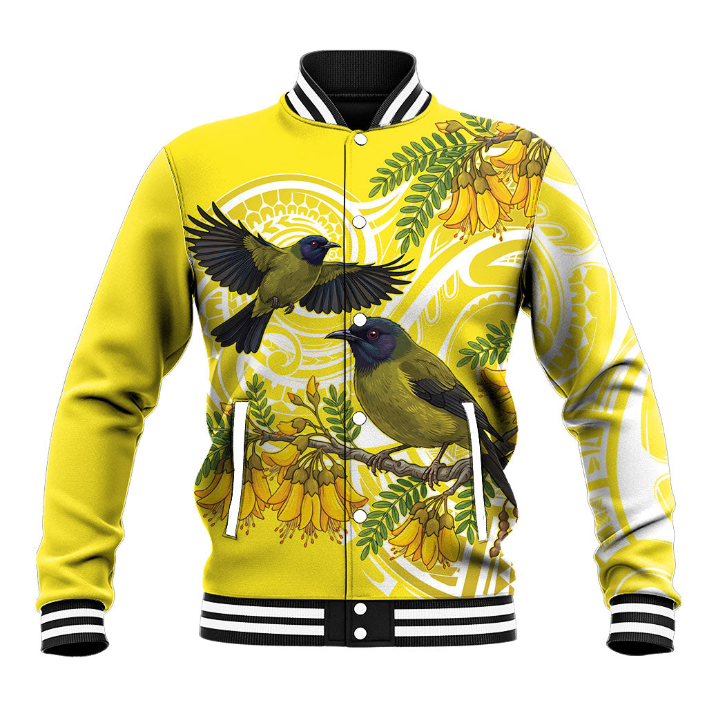 Bellbird New Zealand Baseball Jacket Korimako Kowhai Maori Pattern