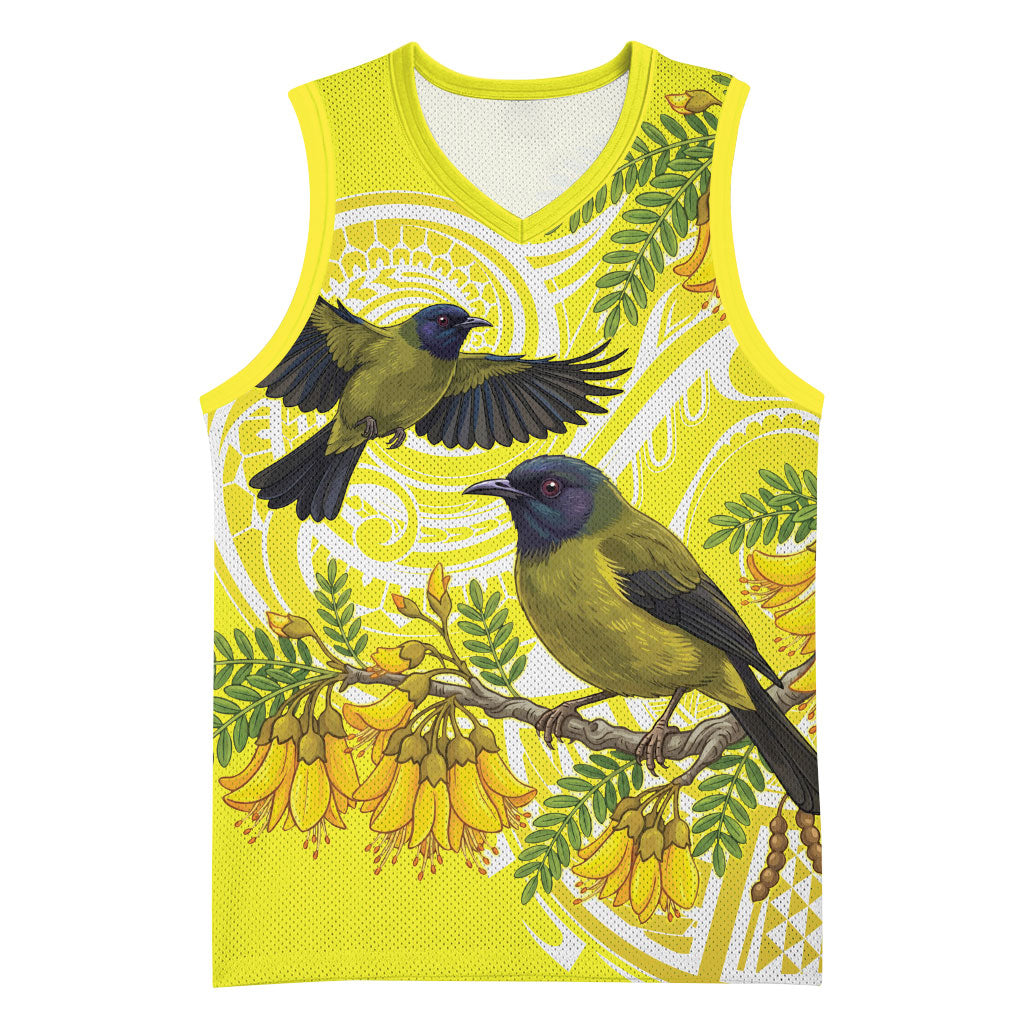 Bellbird New Zealand Basketball Jersey Korimako Kowhai Maori Pattern