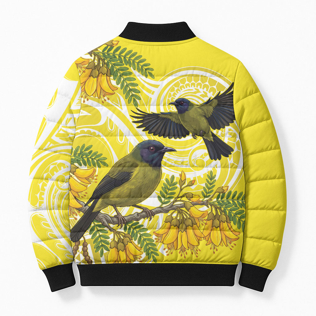 Bellbird New Zealand Bomber Puffer Jacket Korimako Kowhai Maori Pattern LT14 - Polynesian Pride