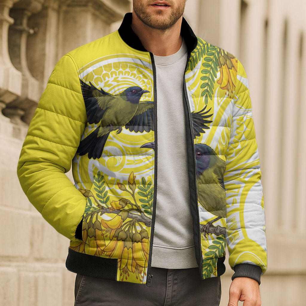 Bellbird New Zealand Bomber Puffer Jacket Korimako Kowhai Maori Pattern LT14 - Polynesian Pride