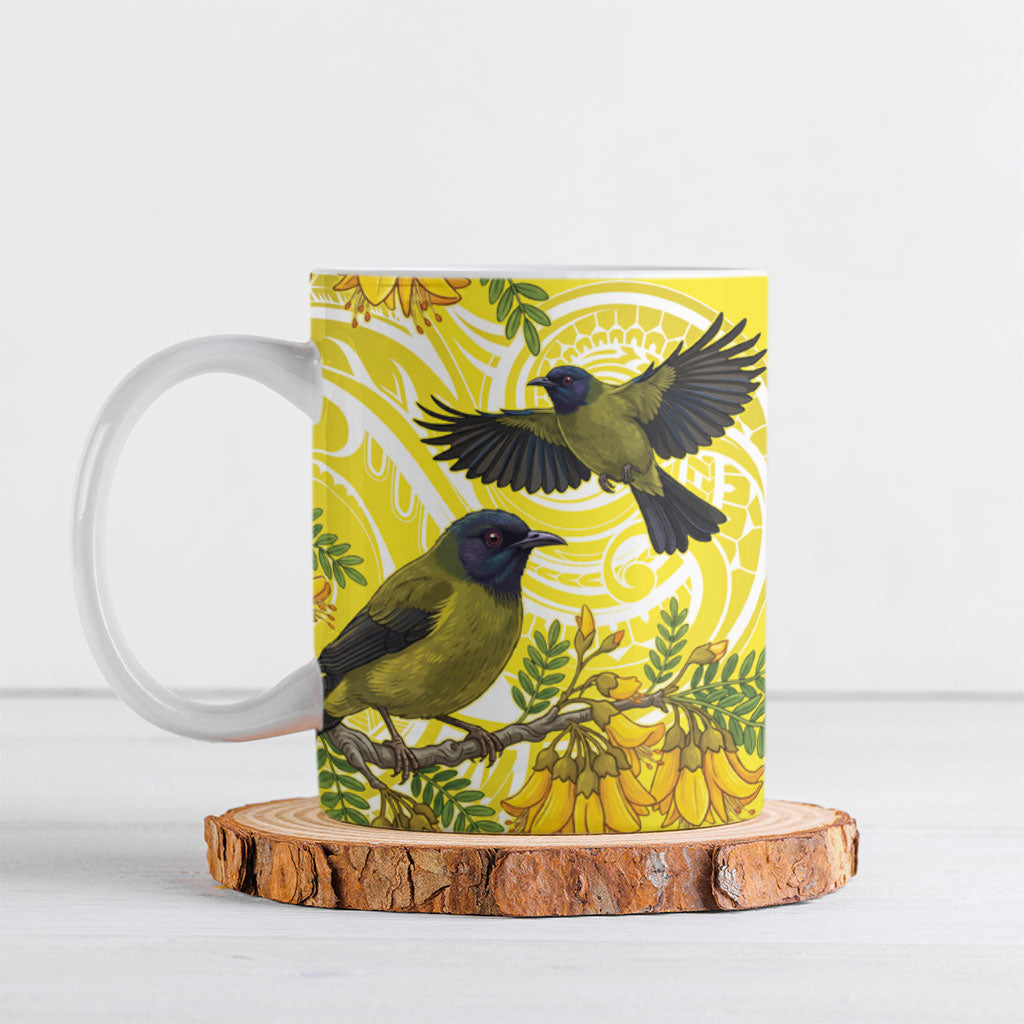 Bellbird New Zealand Ceramic Mug Korimako Kowhai Maori Pattern LT14 Yellow - Polynesian Pride