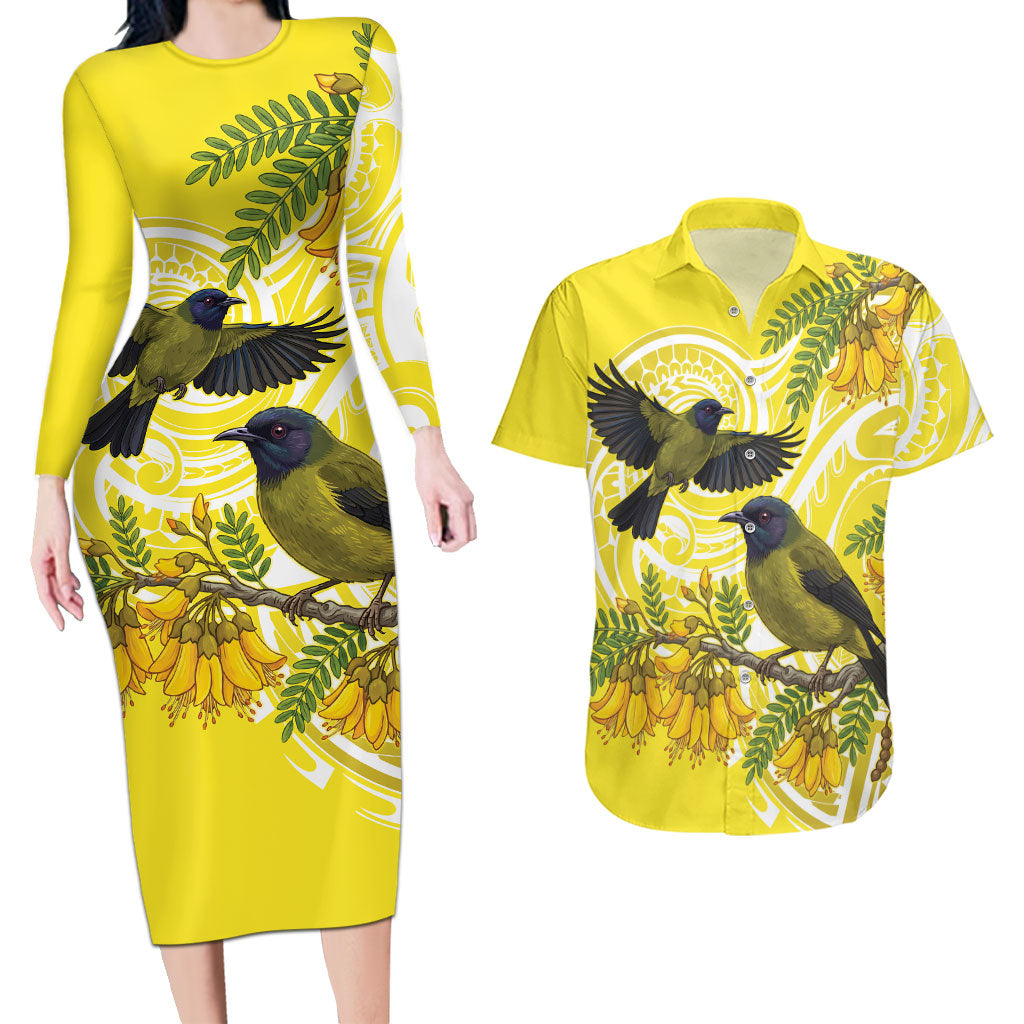 Bellbird New Zealand Couples Matching Long Sleeve Bodycon Dress and Hawaiian Shirt Korimako Kowhai Maori Pattern