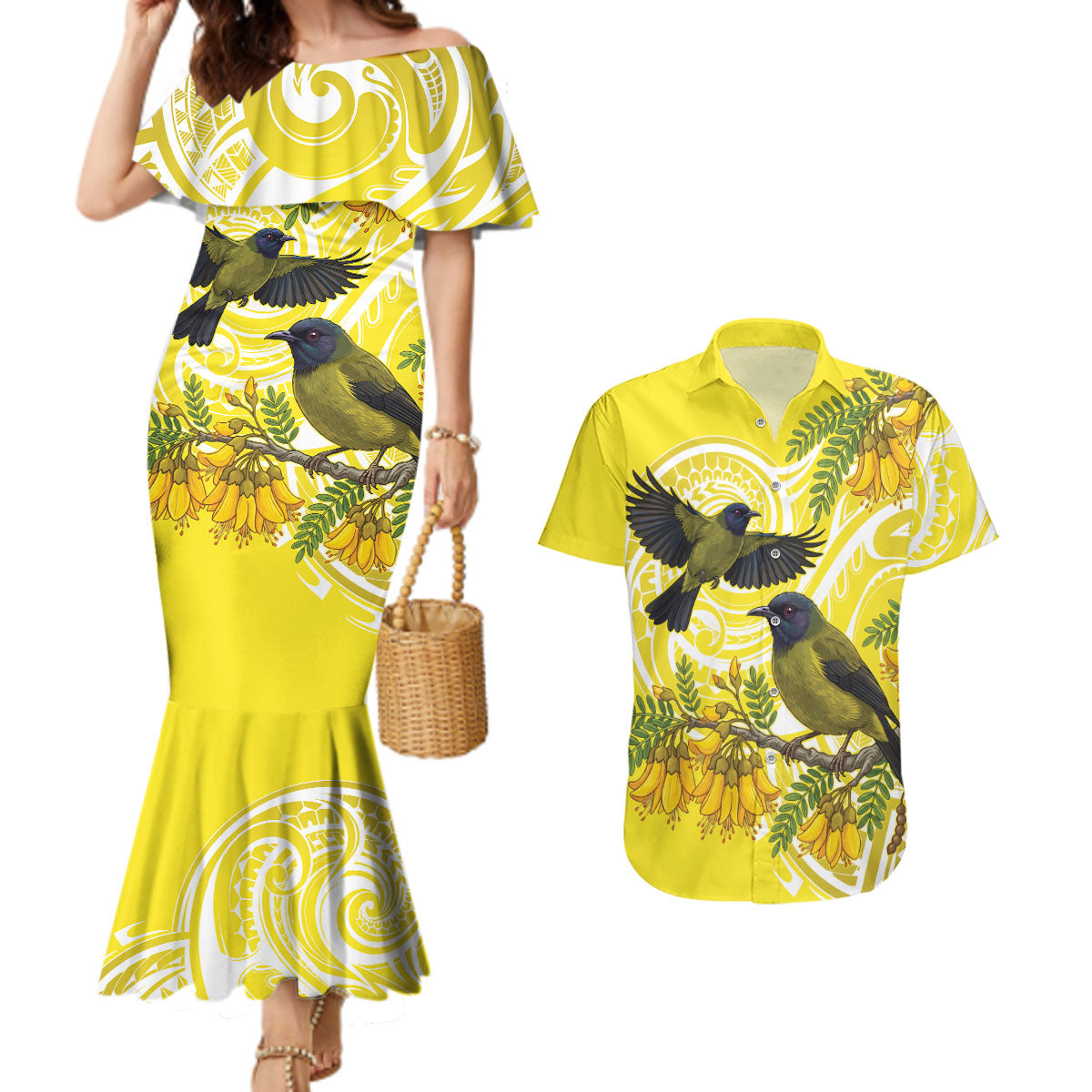 Bellbird New Zealand Couples Matching Mermaid Dress and Hawaiian Shirt Korimako Kowhai Maori Pattern