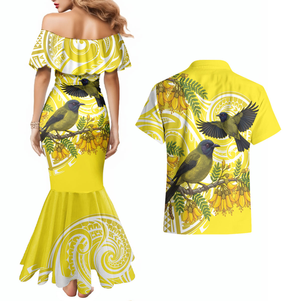 Bellbird New Zealand Couples Matching Mermaid Dress and Hawaiian Shirt Korimako Kowhai Maori Pattern
