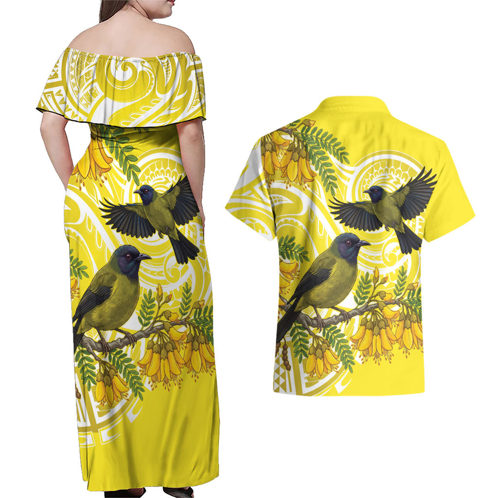 Bellbird New Zealand Couples Matching Off Shoulder Maxi Dress and Hawaiian Shirt Korimako Kowhai Maori Pattern