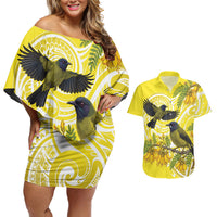 Bellbird New Zealand Couples Matching Off Shoulder Short Dress and Hawaiian Shirt Korimako Kowhai Maori Pattern