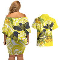 Bellbird New Zealand Couples Matching Off Shoulder Short Dress and Hawaiian Shirt Korimako Kowhai Maori Pattern