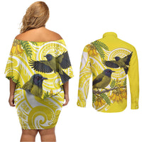 Bellbird New Zealand Couples Matching Off Shoulder Short Dress and Long Sleeve Button Shirt Korimako Kowhai Maori Pattern LT14 - Polynesian Pride