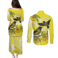 Bellbird New Zealand Couples Matching Puletasi and Long Sleeve Button Shirt Korimako Kowhai Maori Pattern