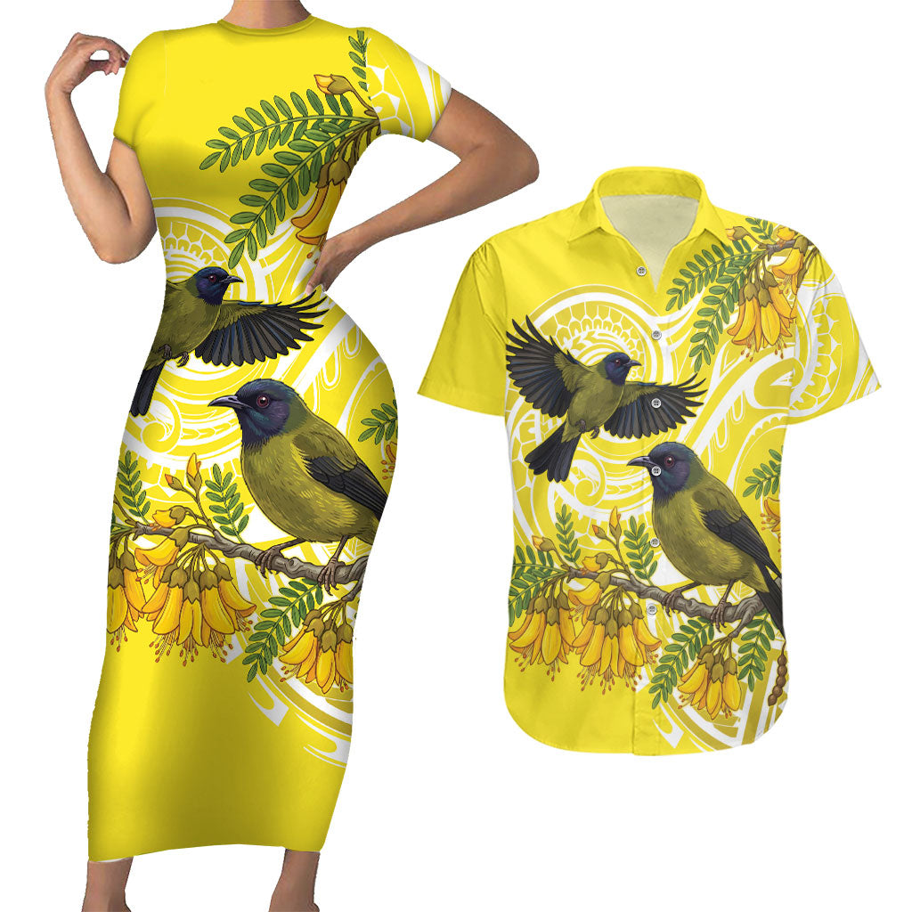 Bellbird New Zealand Couples Matching Short Sleeve Bodycon Dress and Hawaiian Shirt Korimako Kowhai Maori Pattern