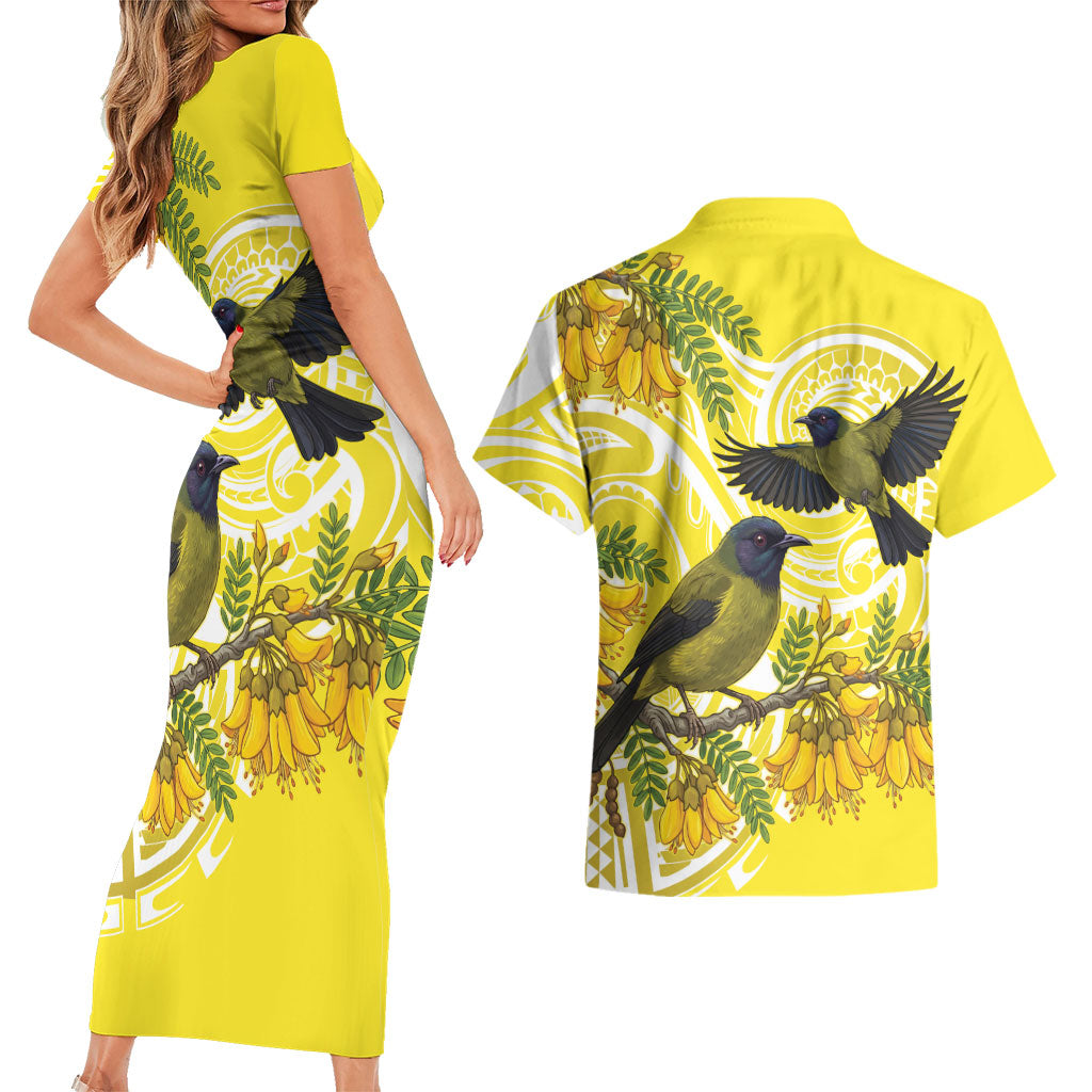 Bellbird New Zealand Couples Matching Short Sleeve Bodycon Dress and Hawaiian Shirt Korimako Kowhai Maori Pattern