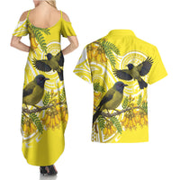 Bellbird New Zealand Couples Matching Summer Maxi Dress and Hawaiian Shirt Korimako Kowhai Maori Pattern