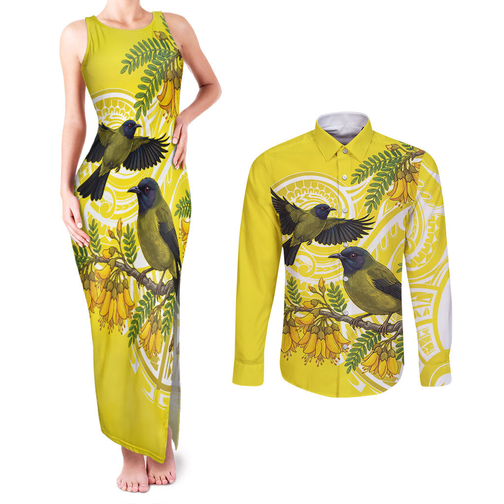 Bellbird New Zealand Couples Matching Tank Maxi Dress and Long Sleeve Button Shirt Korimako Kowhai Maori Pattern LT14 Yellow - Polynesian Pride
