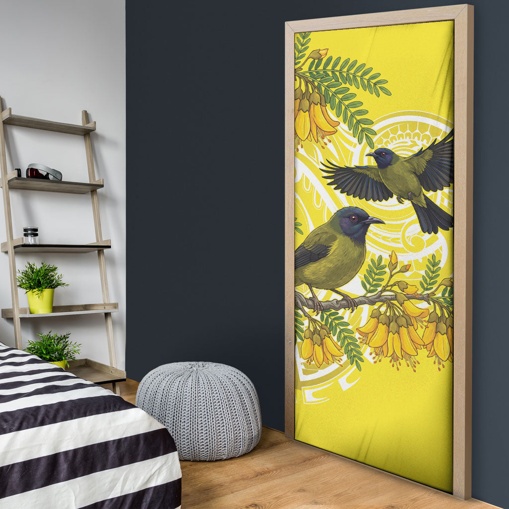 Bellbird New Zealand Door Cover Korimako Kowhai Maori Pattern
