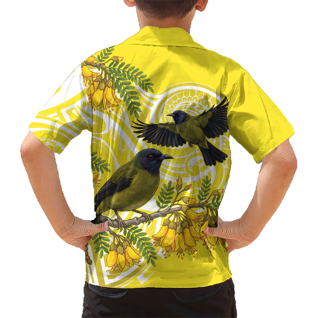 Bellbird New Zealand Family Matching Long Sleeve Bodycon Dress and Hawaiian Shirt Korimako Kowhai Maori Pattern LT14 - Polynesian Pride