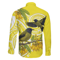 Bellbird New Zealand Family Matching Long Sleeve Bodycon Dress and Hawaiian Shirt Korimako Kowhai Maori Pattern LT14 - Polynesian Pride