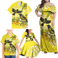 Bellbird New Zealand Family Matching Off Shoulder Maxi Dress and Hawaiian Shirt Korimako Kowhai Maori Pattern LT14 - Polynesian Pride
