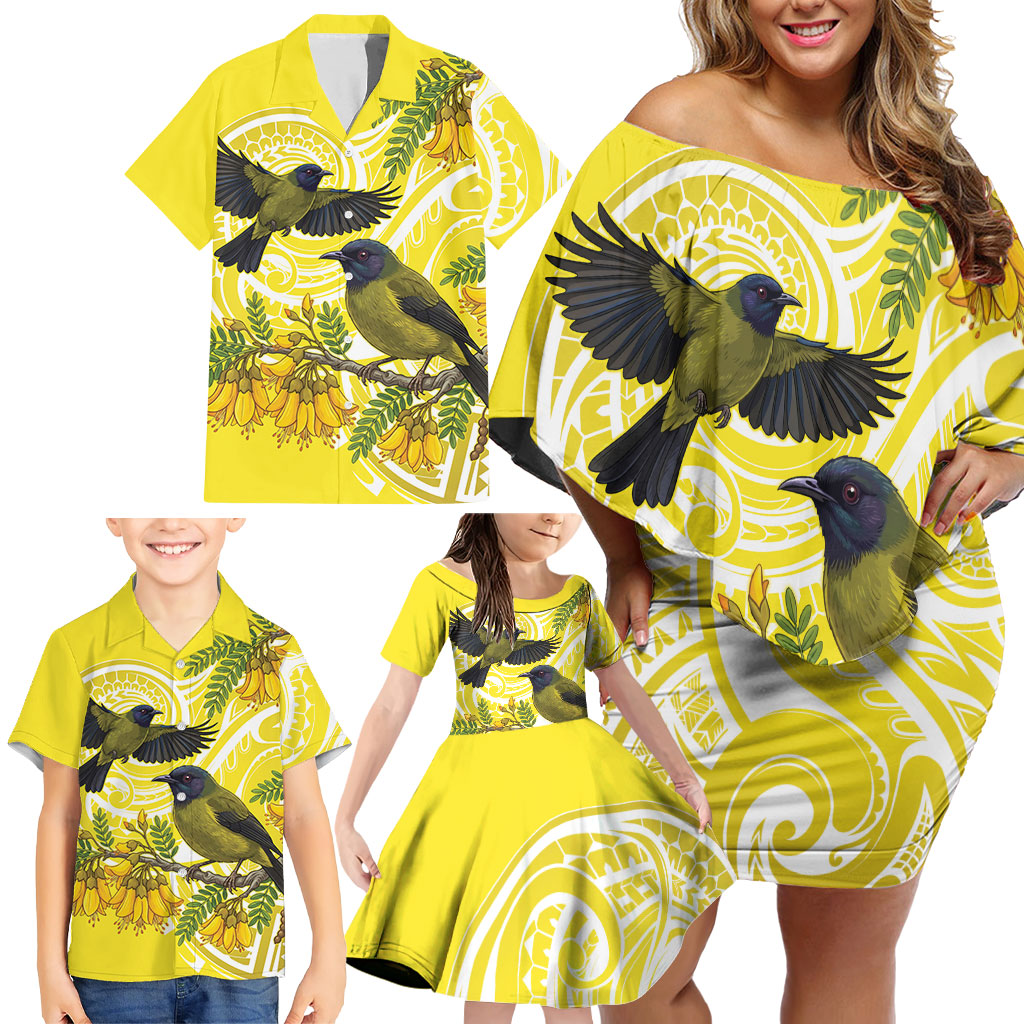 Bellbird New Zealand Family Matching Off Shoulder Short Dress and Hawaiian Shirt Korimako Kowhai Maori Pattern LT14 - Polynesian Pride