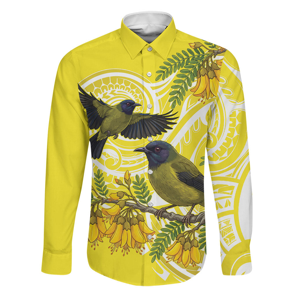 Bellbird New Zealand Family Matching Puletasi and Hawaiian Shirt Korimako Kowhai Maori Pattern LT14 Dad's Shirt - Long Sleeve Yellow - Polynesian Pride