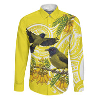 Bellbird New Zealand Family Matching Puletasi and Hawaiian Shirt Korimako Kowhai Maori Pattern LT14 Dad's Shirt - Long Sleeve Yellow - Polynesian Pride
