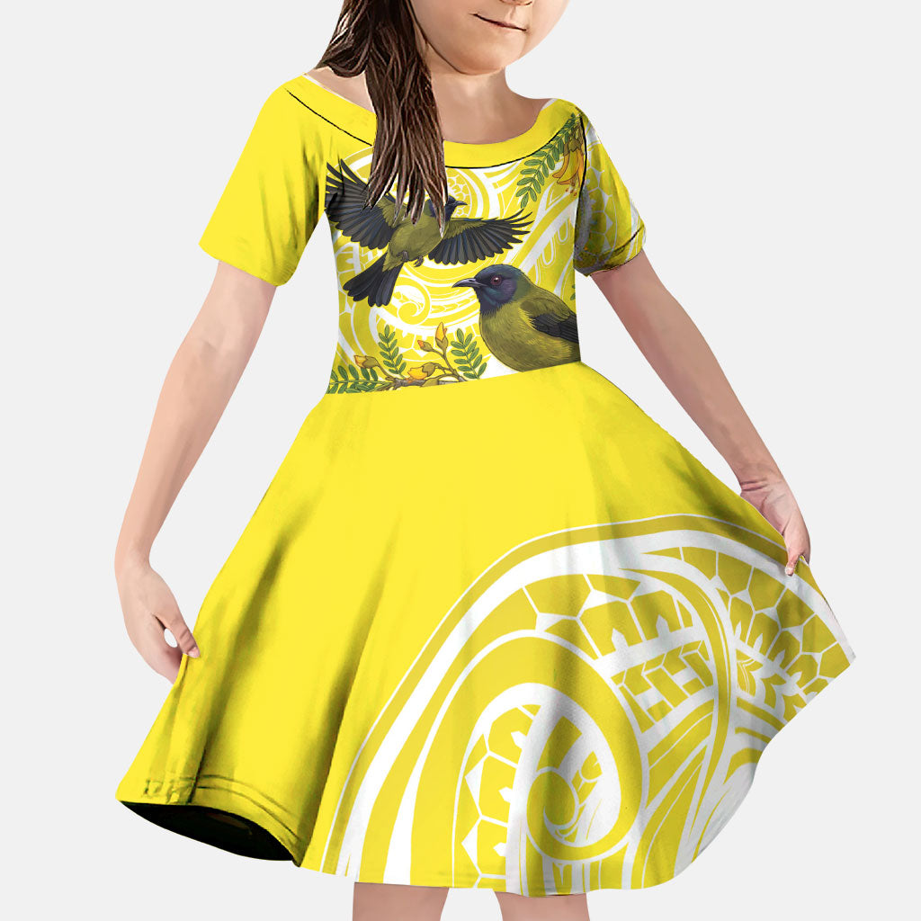 Bellbird New Zealand Family Matching Short Sleeve Bodycon Dress and Hawaiian Shirt Korimako Kowhai Maori Pattern LT14 Daughter's Dress Yellow - Polynesian Pride
