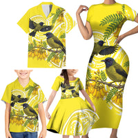 Bellbird New Zealand Family Matching Short Sleeve Bodycon Dress and Hawaiian Shirt Korimako Kowhai Maori Pattern LT14 - Polynesian Pride