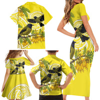 Bellbird New Zealand Family Matching Short Sleeve Bodycon Dress and Hawaiian Shirt Korimako Kowhai Maori Pattern LT14 - Polynesian Pride