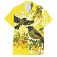Bellbird New Zealand Family Matching Short Sleeve Bodycon Dress and Hawaiian Shirt Korimako Kowhai Maori Pattern LT14 Dad's Shirt - Short Sleeve Yellow - Polynesian Pride