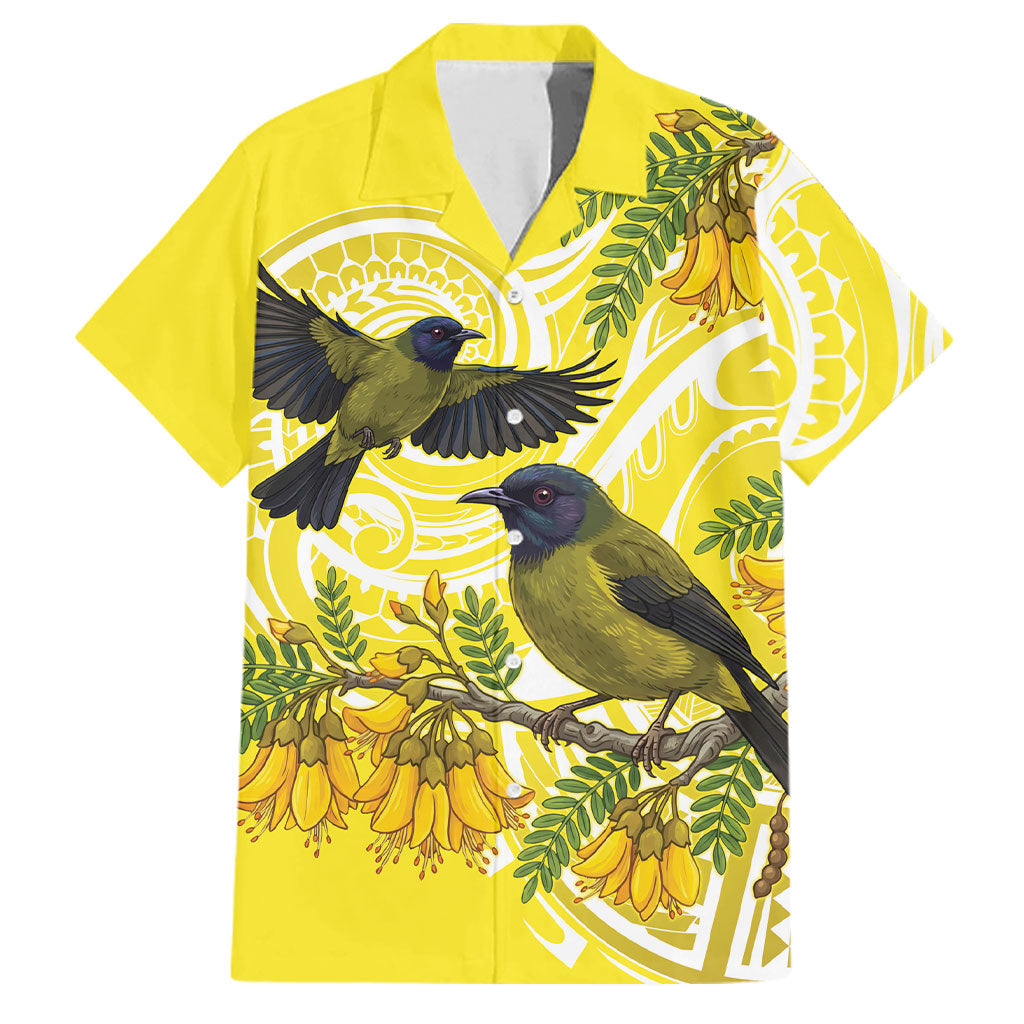 Bellbird New Zealand Family Matching Summer Maxi Dress and Hawaiian Shirt Korimako Kowhai Maori Pattern LT14 Dad's Shirt - Short Sleeve Yellow - Polynesian Pride