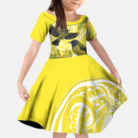 Bellbird New Zealand Family Matching Tank Maxi Dress and Hawaiian Shirt Korimako Kowhai Maori Pattern LT14 Daughter's Dress Yellow - Polynesian Pride