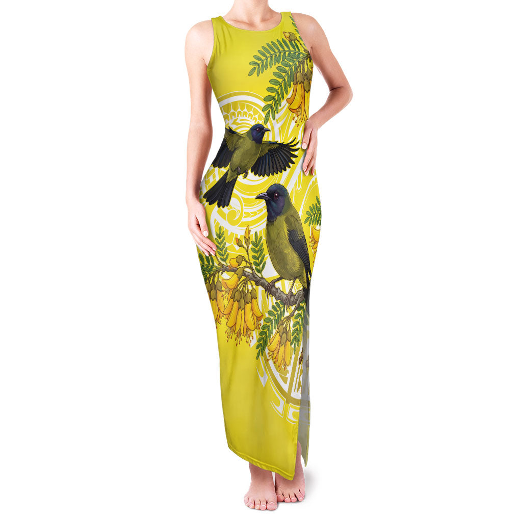 Bellbird New Zealand Family Matching Tank Maxi Dress and Hawaiian Shirt Korimako Kowhai Maori Pattern LT14 Mom's Dress Yellow - Polynesian Pride