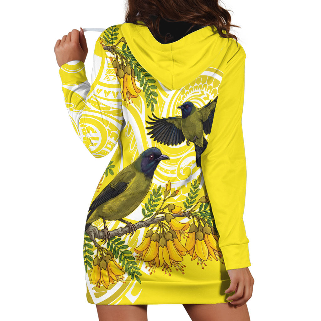 Bellbird New Zealand Hoodie Dress Korimako Kowhai Maori Pattern LT14 - Polynesian Pride