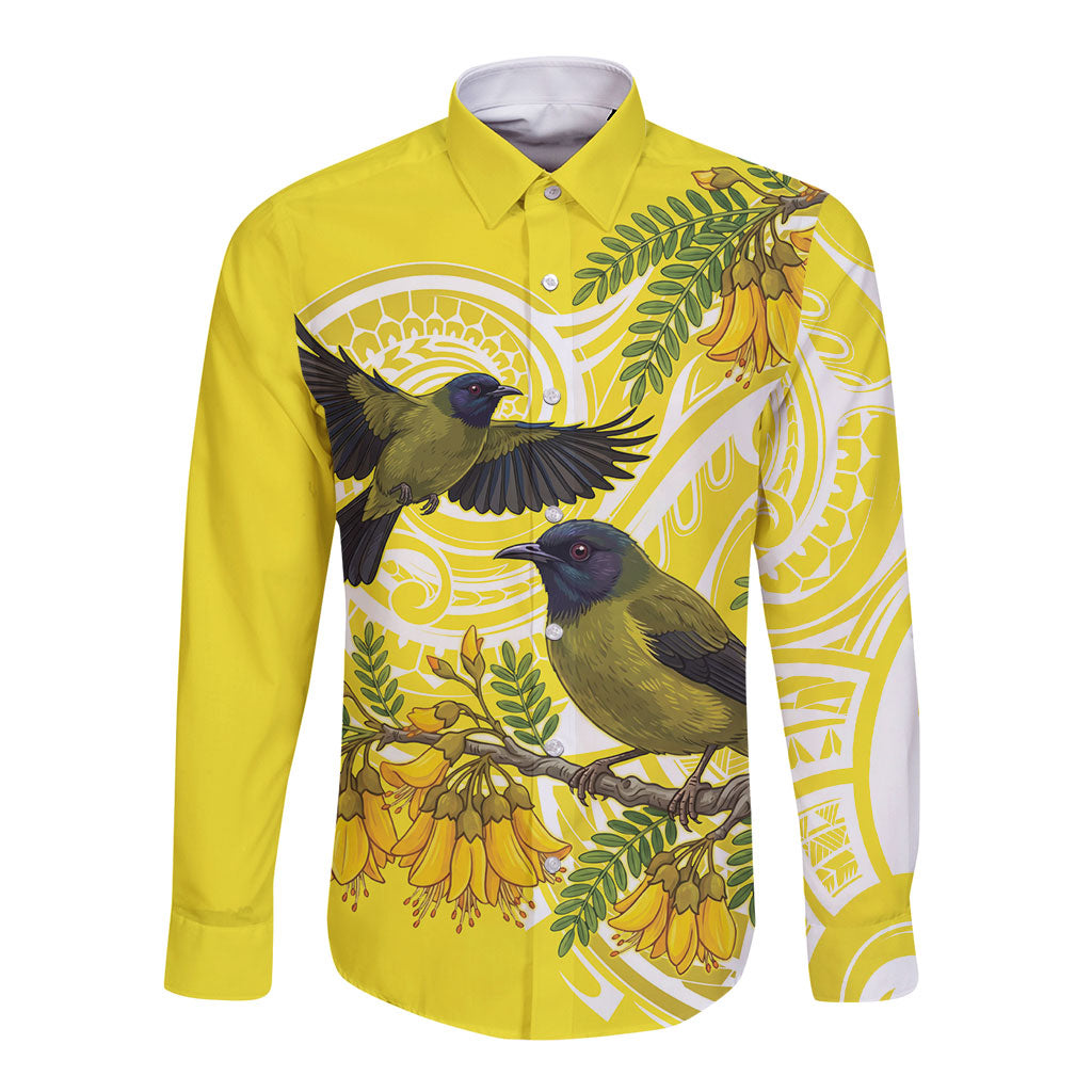 Bellbird New Zealand Long Sleeve Button Shirt Korimako Kowhai Maori Pattern LT14 Unisex Yellow - Polynesian Pride