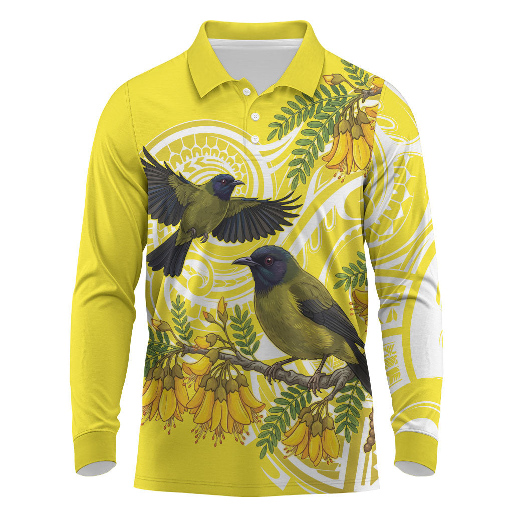 Bellbird New Zealand Long Sleeve Polo Shirt Korimako Kowhai Maori Pattern LT14 Yellow - Polynesian Pride