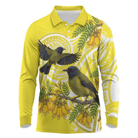 Bellbird New Zealand Long Sleeve Polo Shirt Korimako Kowhai Maori Pattern LT14 Yellow - Polynesian Pride