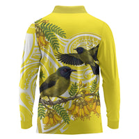 Bellbird New Zealand Long Sleeve Polo Shirt Korimako Kowhai Maori Pattern LT14 - Polynesian Pride