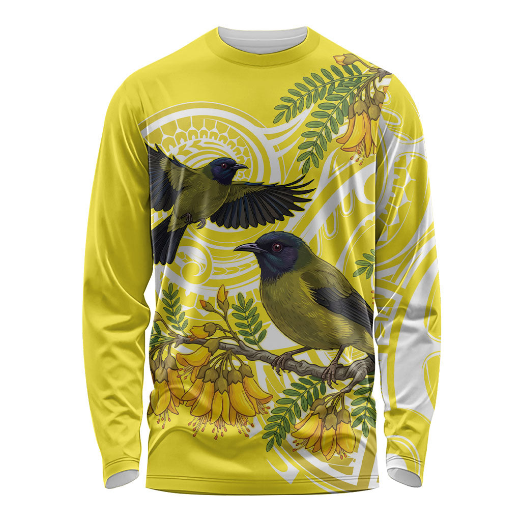 Bellbird New Zealand Long Sleeve Shirt Korimako Kowhai Maori Pattern LT14 Unisex Yellow - Polynesian Pride