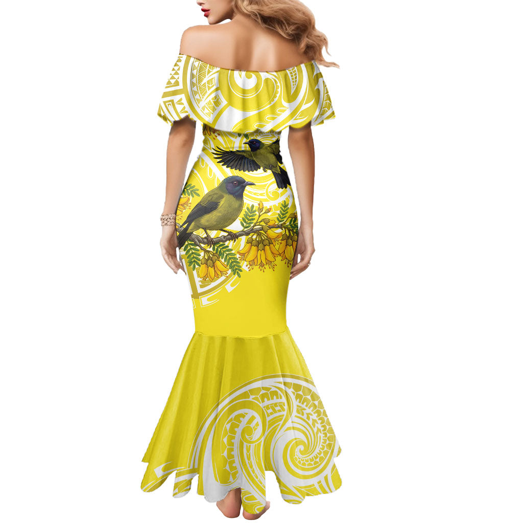 Bellbird New Zealand Mermaid Dress Korimako Kowhai Maori Pattern LT14 - Polynesian Pride