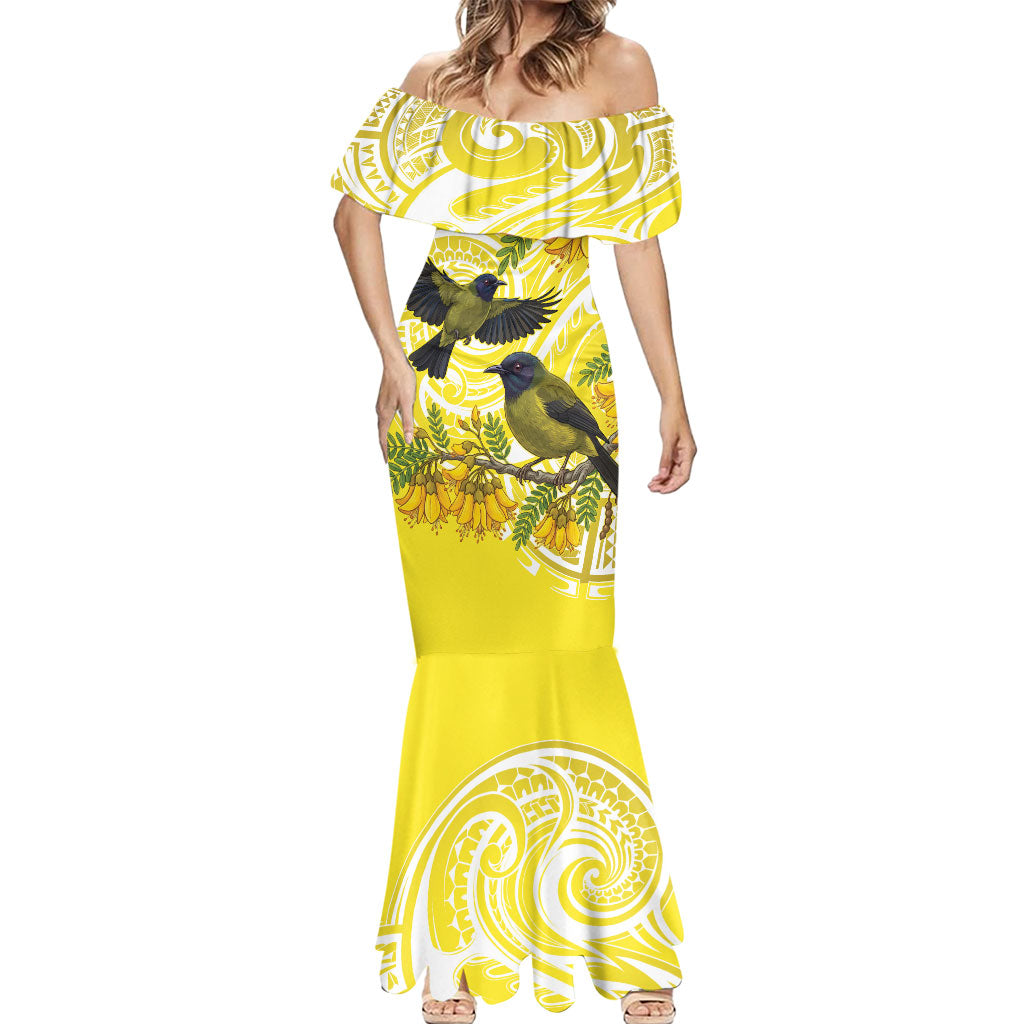 Bellbird New Zealand Mermaid Dress Korimako Kowhai Maori Pattern LT14 - Polynesian Pride
